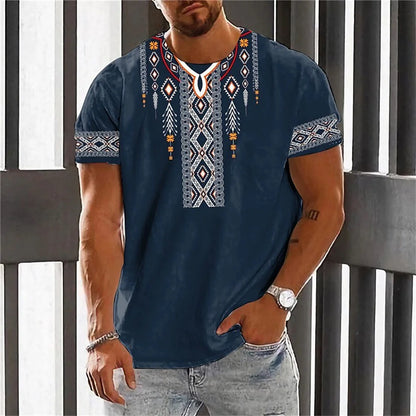 Vintage men's totem print casual short sleeved top T-shirt