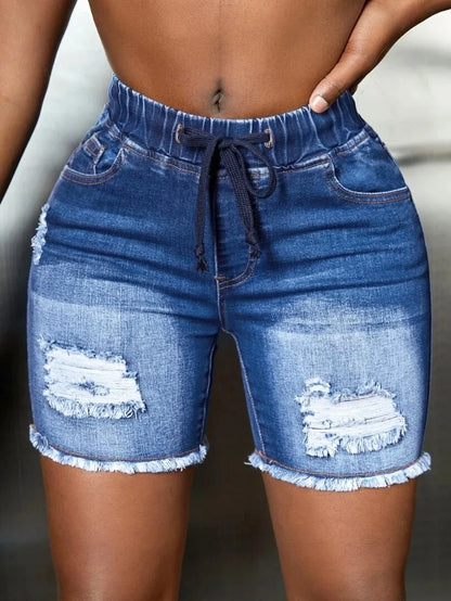 Elastic Waist Ripped Denim Shorts For Women