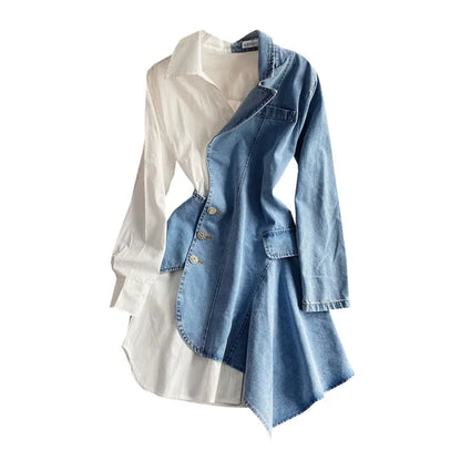 Spring  fashion irregular denim stitching long-sleeved shirt Dress