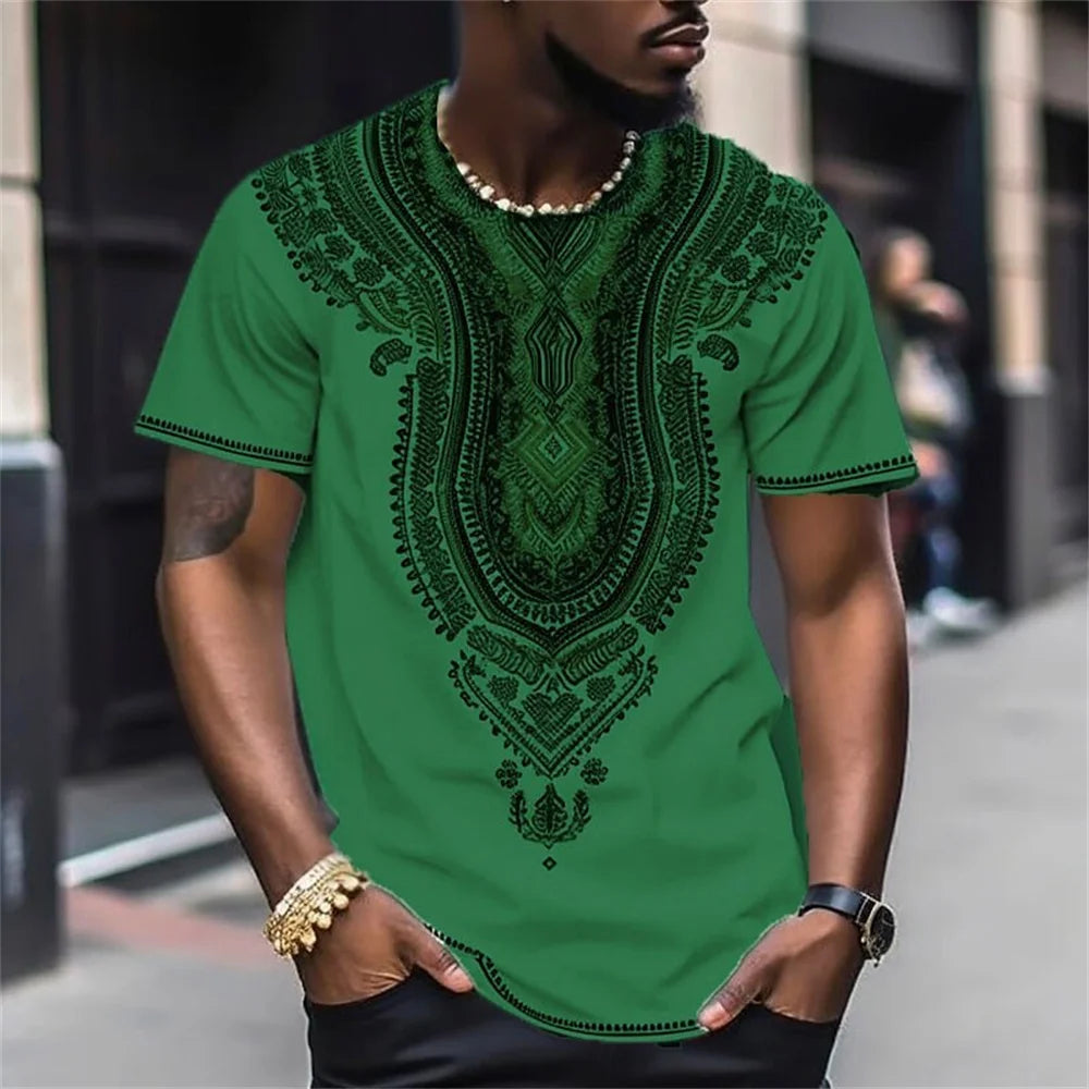 Vintage men's totem print casual short sleeved top T-shirt