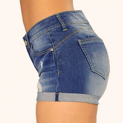 Ripped Mid Waist Solid Jeans Shorts