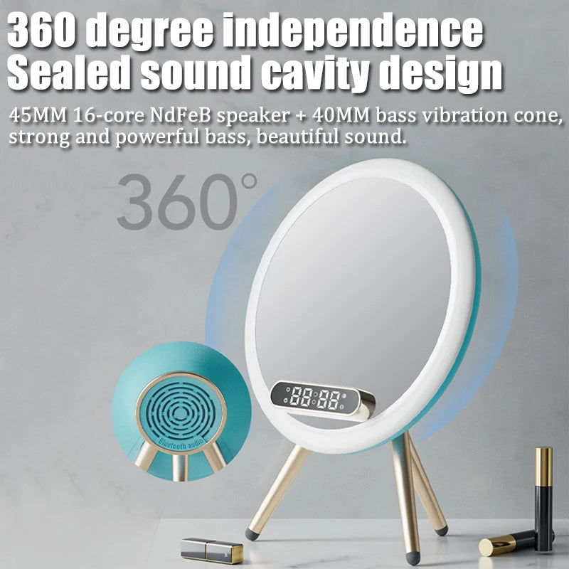 Smart Bluetooth Speaker Wireless Mirror Sound Box Desktop Alarm Clock with LED Night Light TF Music Player 15W Wireless Charger