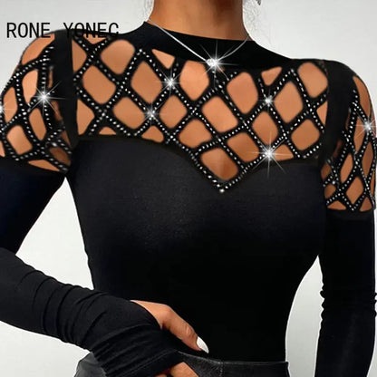 Women Chic Basic Rhinestone Criss Cross Hollow Top