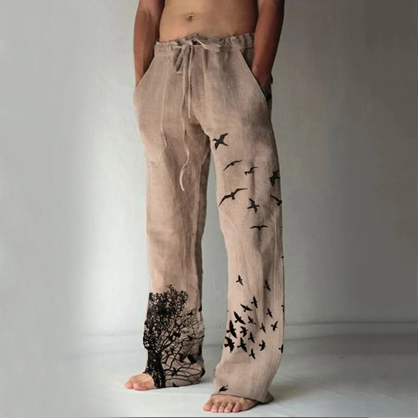 Men's Breathable Tree and Bird Print Drawstring Linen Trousers