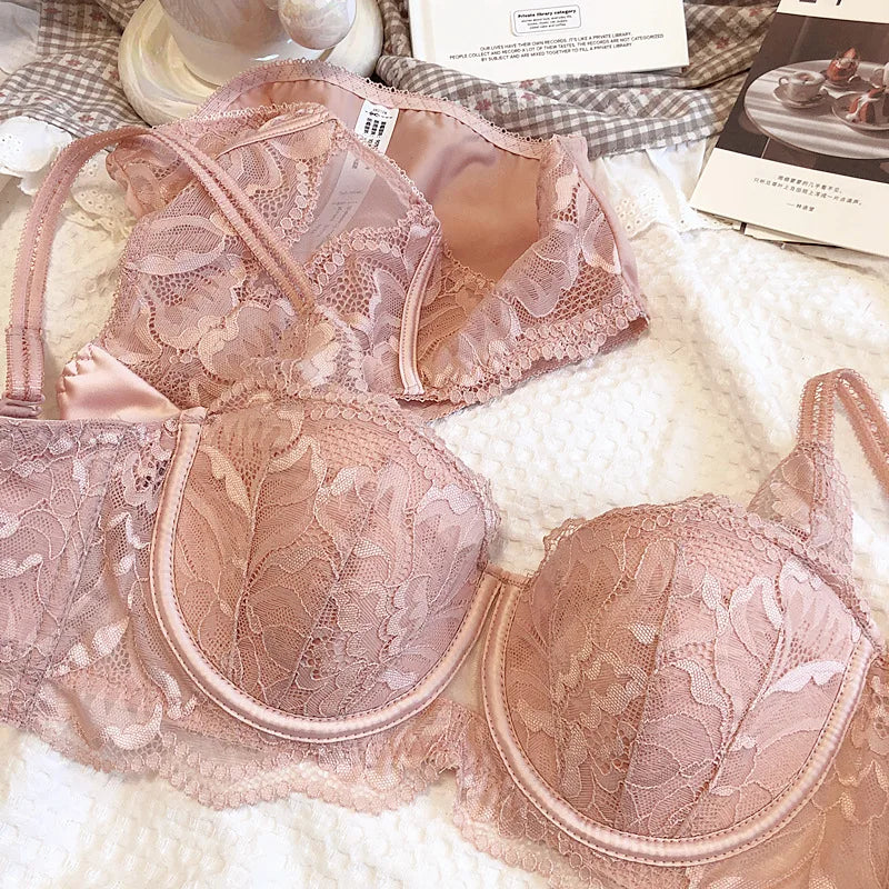 Sexy Bralette Lace Thin Cotton Half Cup Comfortable Bra Set Gathered with Steel Rings AntiSagging Large Chest Show Small Underwe