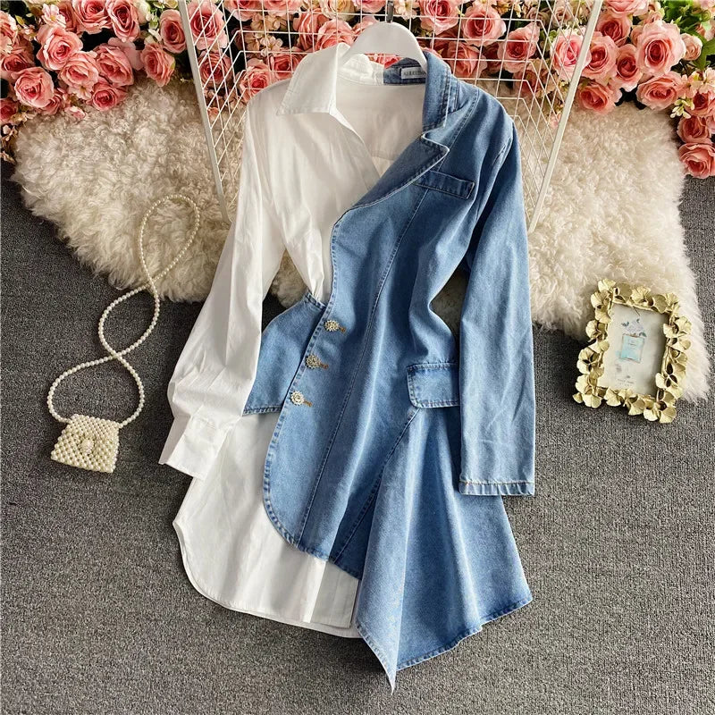 Spring  fashion irregular denim stitching long-sleeved shirt Dress