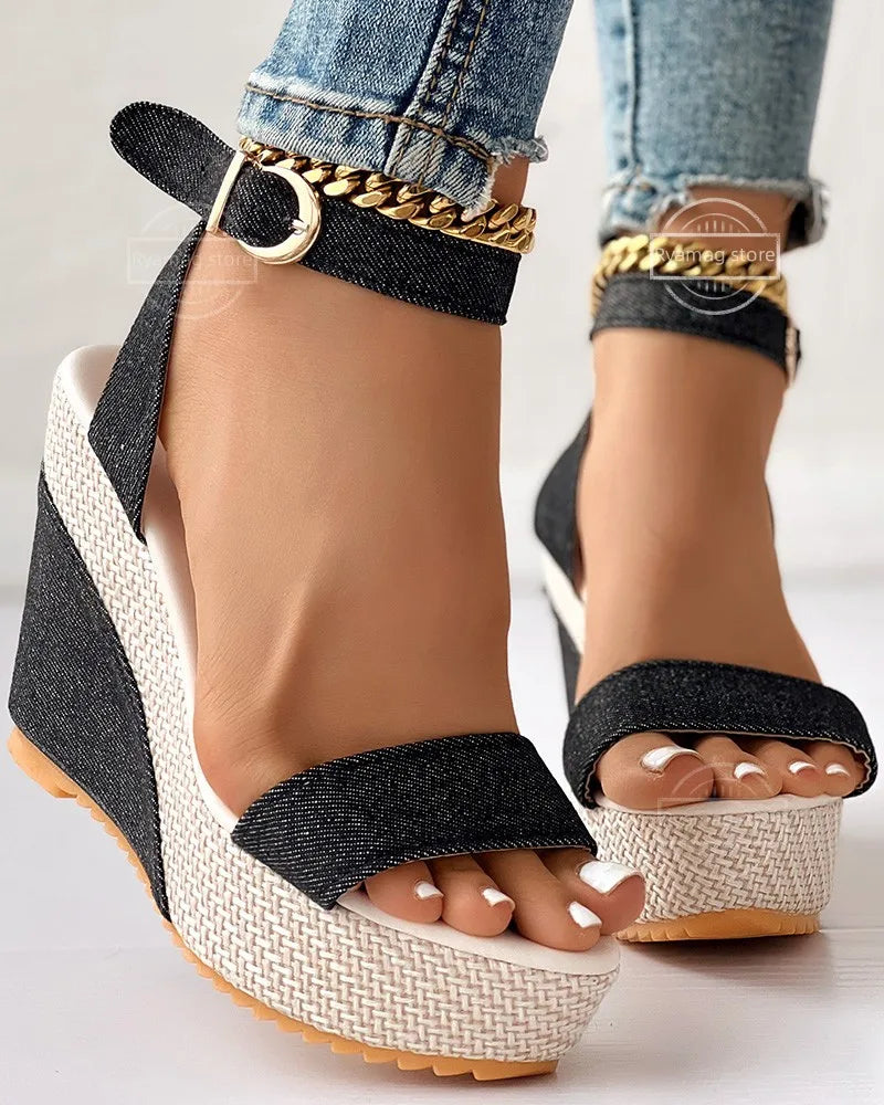 Women's Ankle Strap Platform Denim Wedge Sandals