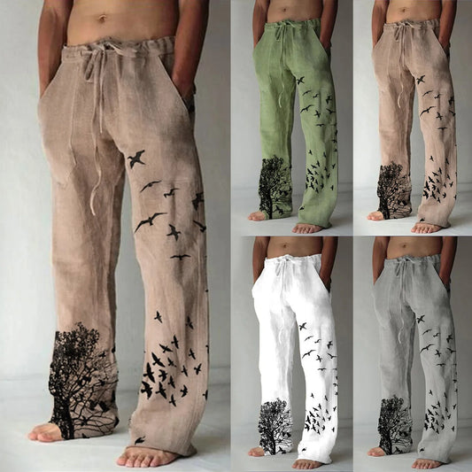 Men's Breathable Tree and Bird Print Drawstring Linen Trousers