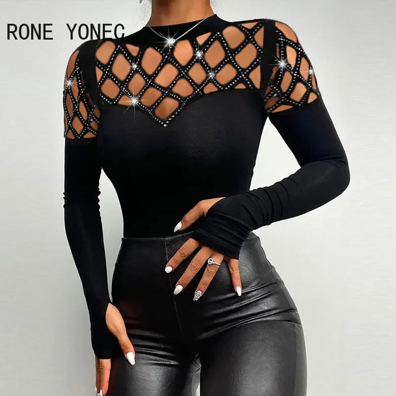 Women Chic Basic Rhinestone Criss Cross Hollow Top