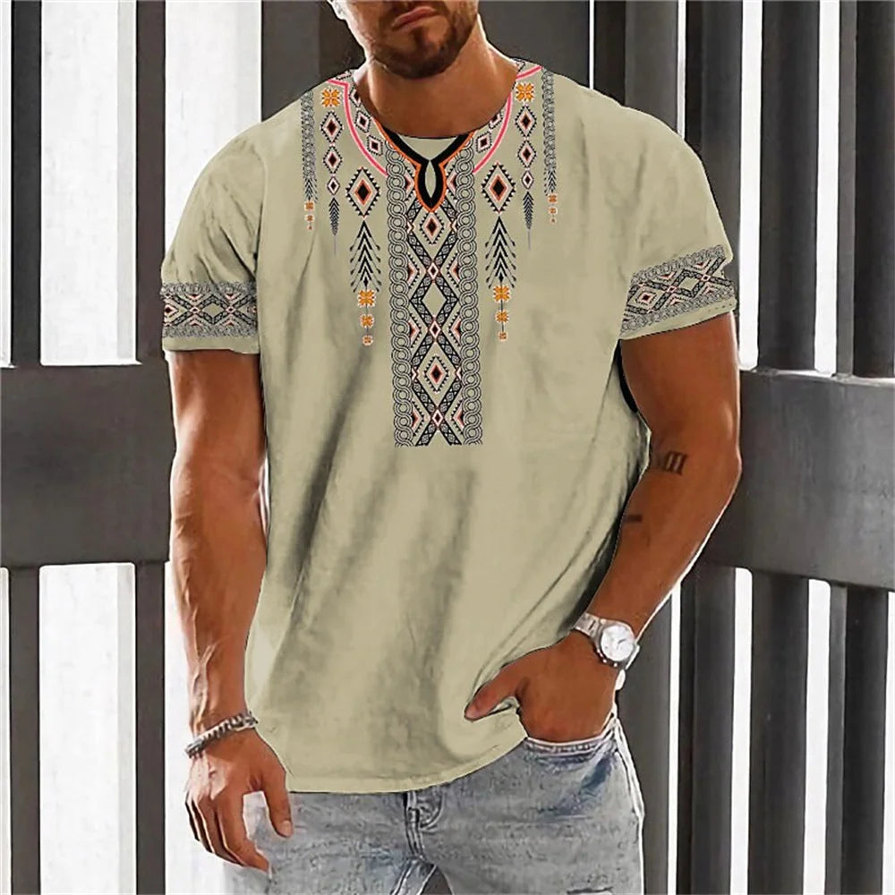 Vintage men's totem print casual short sleeved top T-shirt