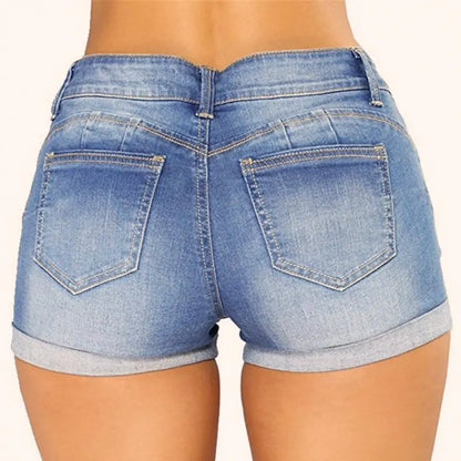 Ripped Mid Waist Solid Jeans Shorts