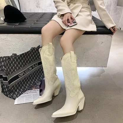 Kendou same white cowboy boots retro net red thin pointed high barrel Knight boots thick heel boots women's knee length