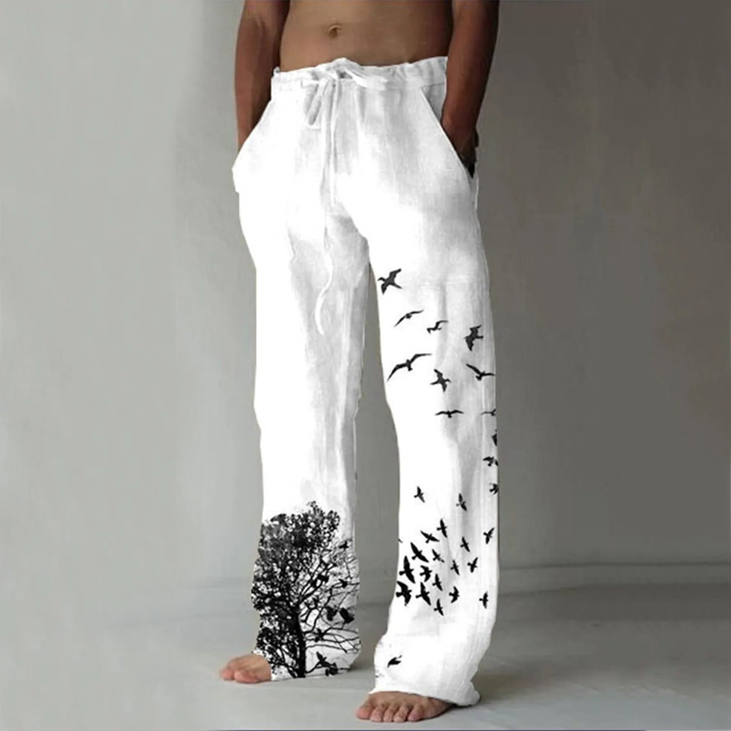 Men's Breathable Tree and Bird Print Drawstring Linen Trousers