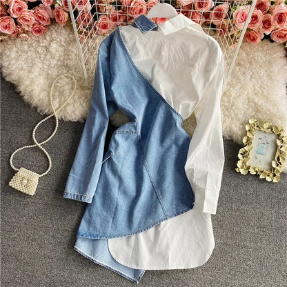 Spring  fashion irregular denim stitching long-sleeved shirt Dress