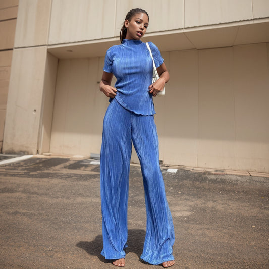 Turtleneck T-Shirt Pleated Wide Leg Pants Sett Shirt Pleated Pants Suit