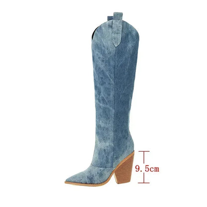 Denim Western Women Knee  High Boots