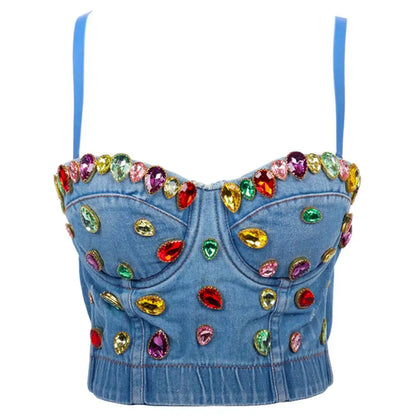 Sexy Denim Rhinestone Corset  Bustier