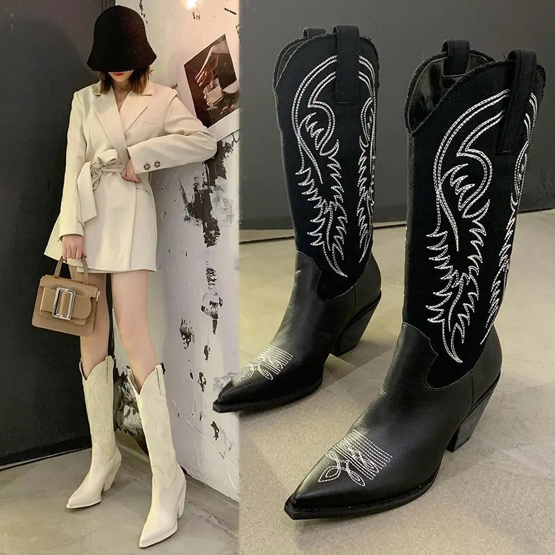 Kendou same white cowboy boots retro net red thin pointed high barrel Knight boots thick heel boots women's knee length