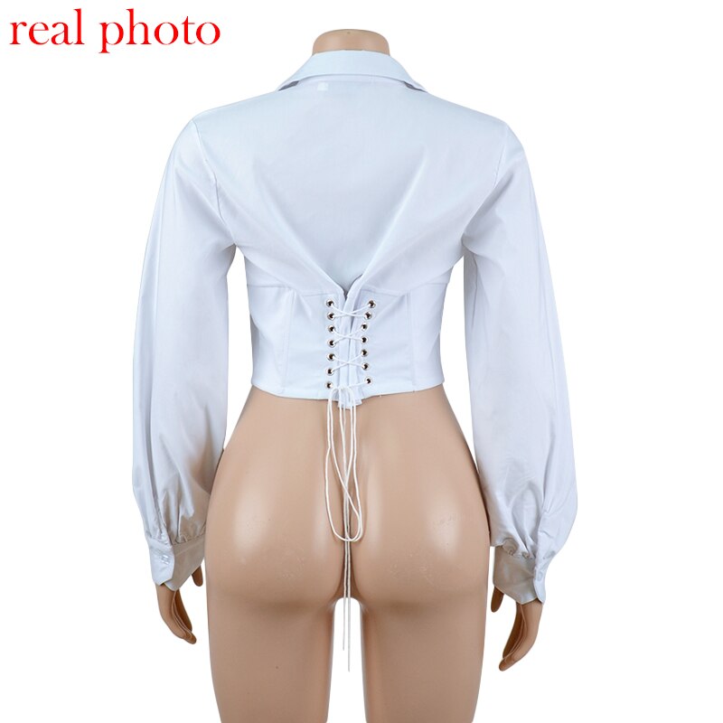 Lace Up White Sexy V-Neck Women Tops